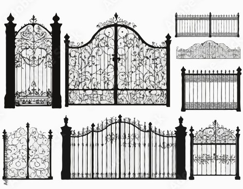 Decorative fence set silhouette vector Iron gates and fences set silhouette