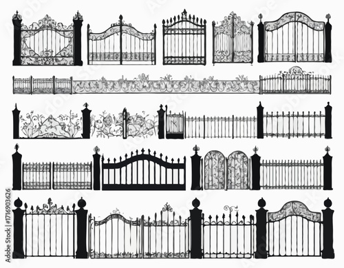 Decorative fence set silhouette vector Iron gates and fences set silhouette