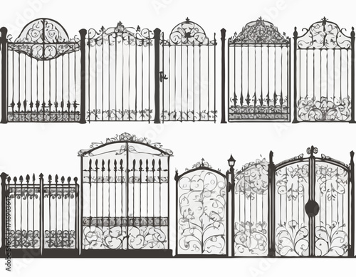 Decorative fence set silhouette vector Iron gates and fences set silhouette
