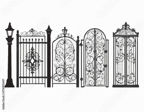 Decorative fence set silhouette vector Iron gates and fences set silhouette