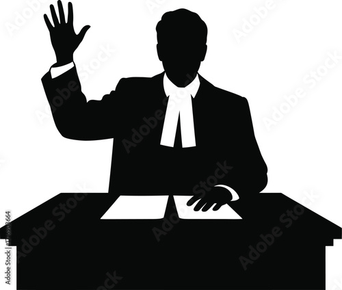 Lawyer Silhouette Vector Illustration – Attorney Swearing Oath at Desk
