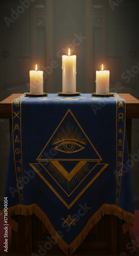 Three lit candles on a wooden table adorned with a blue masonic altar cloth featuring the all-seeing eye. Symbolism for secret societies and conspiracy theories.