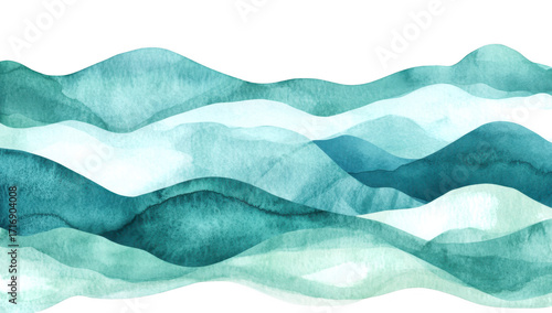 A serene watercolor landscape featuring gentle rolling hills in varying shades of teal and green. creating a calming atmosphere ideal for backgrounds in nature-themed projects