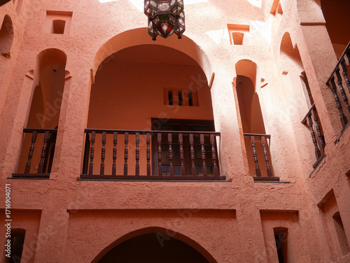 Traditional interior arches and balcony in the Kasbah of Chefchaouen, Morocco