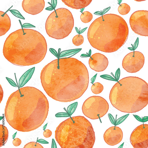 Watercolor Seamless Pattern Vector of Oranges with Green Leaves – Citrus Fruit Design for Summer and Fresh Backgrounds