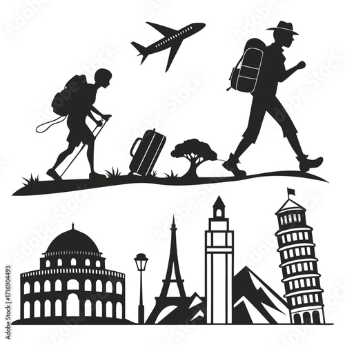 “Travel silhouette vector collection: airplanes, luggage, passport, tourist, monuments, hiking, camping, world landmarks, tourism icons for holiday branding, posters, maps, and exploration design them
