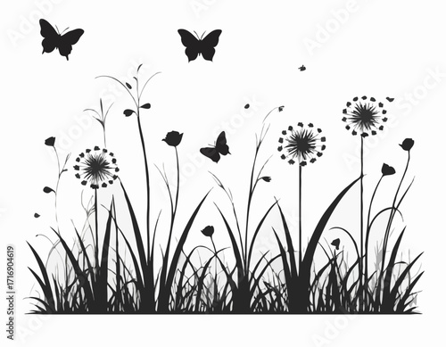 Isolated Black Silhouette of Grass Flowers with Butterflies, Artistic Nature Scene, Minimalist Design