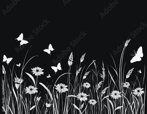 Isolated Black Silhouette of Grass Flowers with Butterflies, Nature Scene, Elegant Minimalist Design.