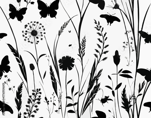 Isolated Black Silhouette of Grass Flowers with Butterflies, Nature Scene, Minimalist Design, Artistic Illustration.