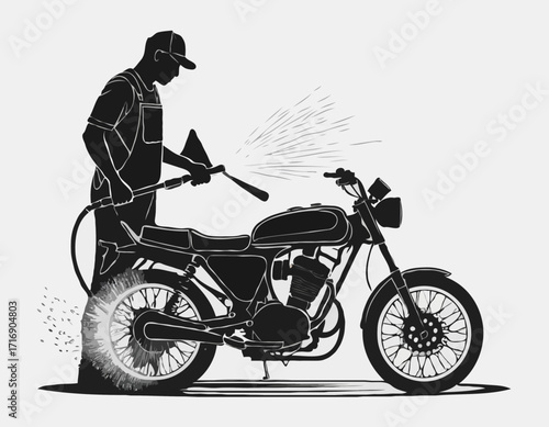 Silhouette of Man washing a motorcycle with high pressure washer. Spraying water from the hose. Vector black and white illustration of motorcycle wash