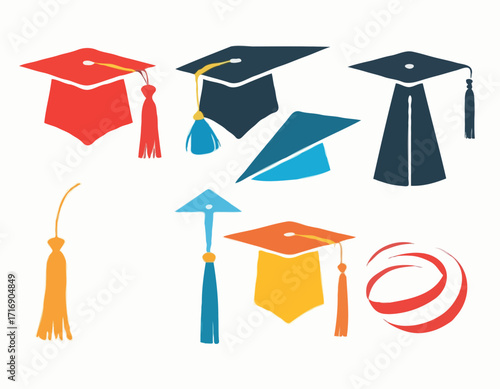 set of Grad cap silhouette icon. Clipart image isolated on white background