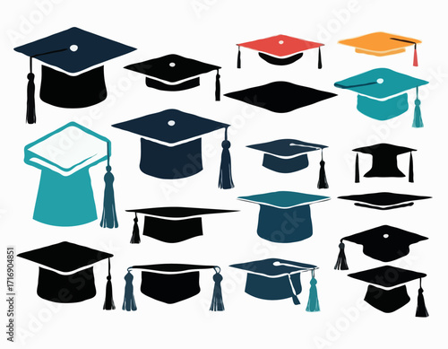 set of Grad cap silhouette icon. Clipart image isolated on white background