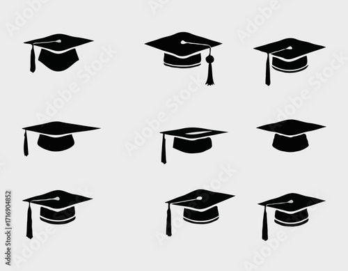 set of Grad cap silhouette icon. Clipart image isolated on white background