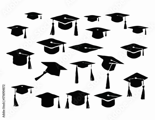 set of Grad cap silhouette icon. Clipart image isolated on white background