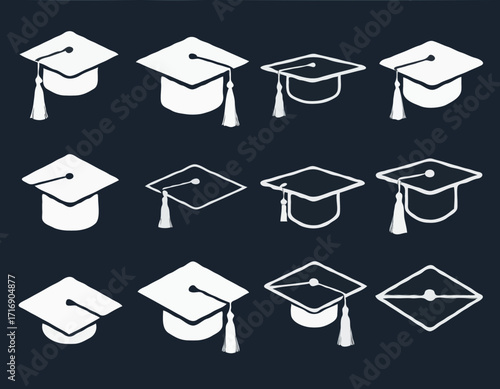 set of Grad cap silhouette icon. Clipart image isolated on white background