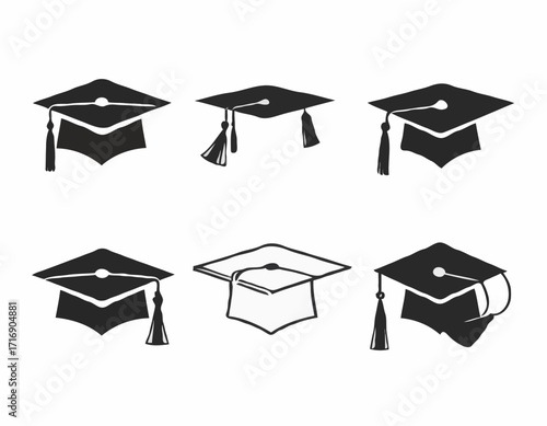 set of Grad cap silhouette icon. Clipart image isolated on white background