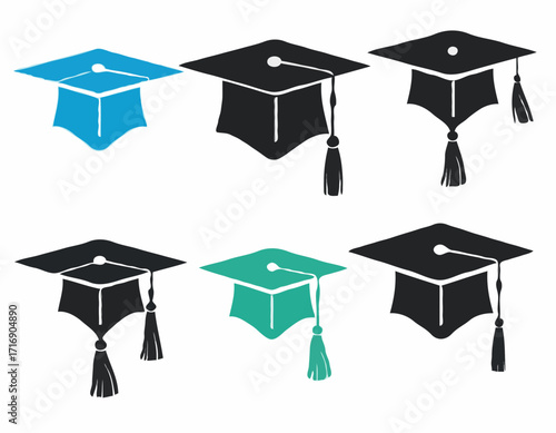 set of Grad cap silhouette icon. Clipart image isolated on white background