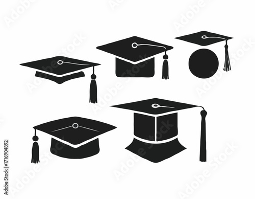 set of Grad cap silhouette icon. Clipart image isolated on white background