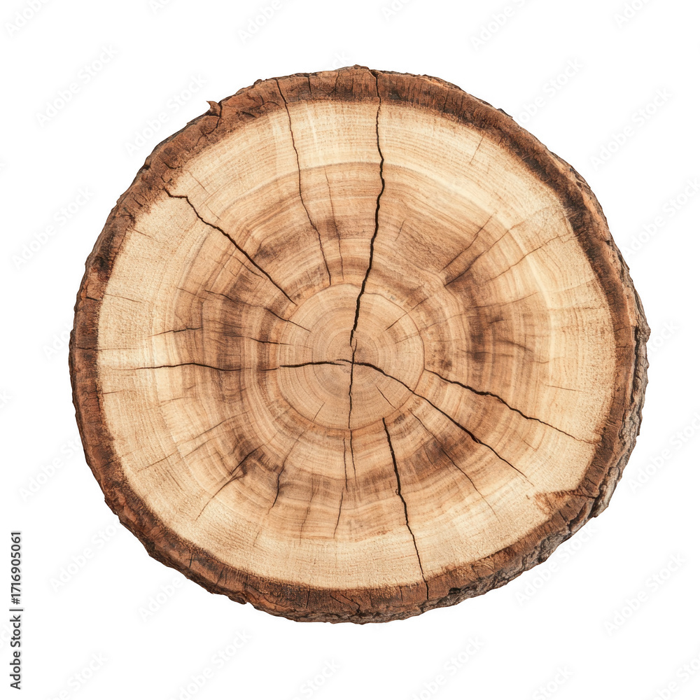 Fototapeta premium A close-up view of a round wooden tree stump its natural rings and texture. set against a plain white background. ideal for nature-themed designs or rustic decor projects