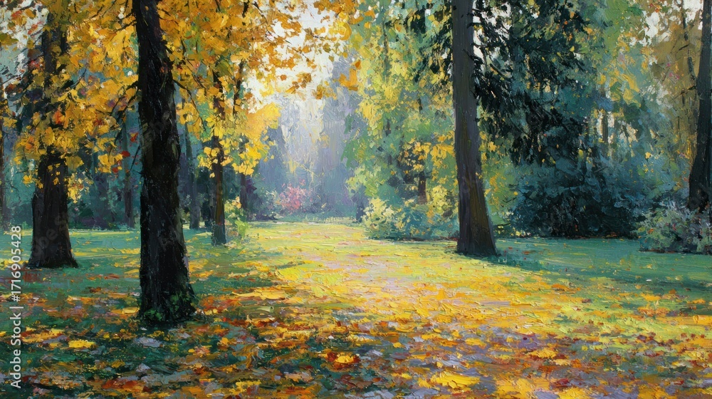 Naklejka premium Autumn scene with light filtering through golden leaves on trees and ground, pathway ahead