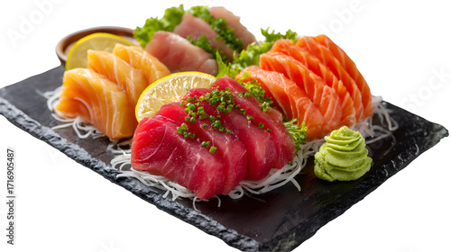 Fresh sashimi platter with salmon, tuna, and fatty tuna on shredded daikon, garnished with wasabi and greens. Perfect for menus, ads, and food blogs.