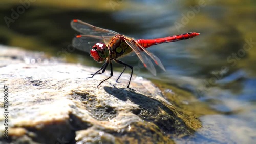 Red dragonfly on rock near water, with clear wings in sunlight