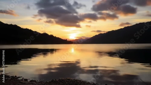 Wallpaper Mural Golden Sunset over Serene Mountain Lake with Reflective Waters and Moving Clouds Torontodigital.ca