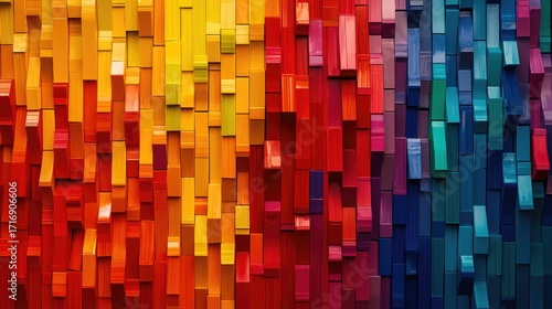 Vibrant Abstract Colorful Wall of Stacked Wooden Blocks Art