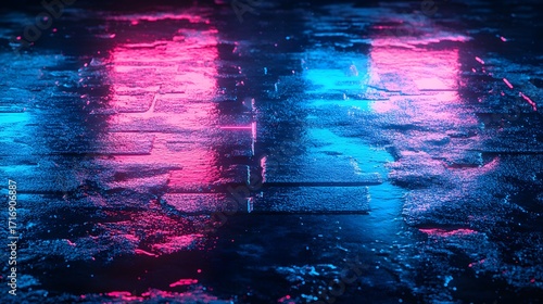 A futuristic, textured surface bathed in vibrant pink and blue neon light casts captivating reflections.