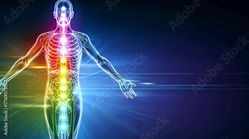 Human body with chakra points, energy flow, and vibrant colors on dark background.