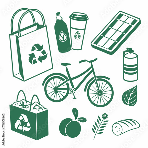 “Eco silhouette vector set: reusable bags, water bottles, solar panel, bicycle commuting, composting, plant-based food silhouettes, daily sustainable habits, environment friendly lifestyle icons brand