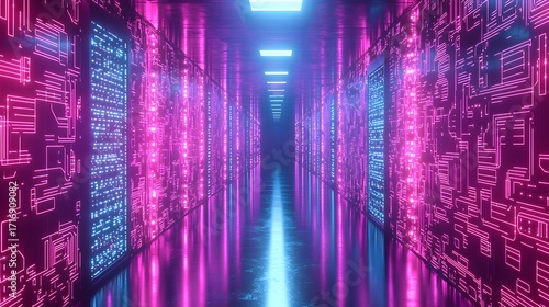Fototapeta Naklejka Na Ścianę i Meble -  A futuristic data center corridor glows with vibrant pink and blue neon circuit patterns, reflecting on a mirrored floor.