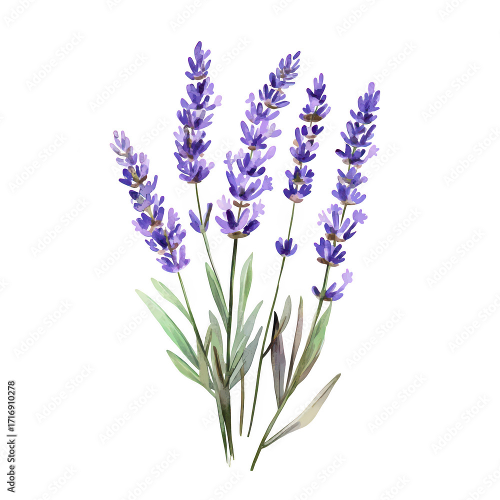 Obraz premium A bouquet of lavender flowers. delicate purple blooms and green foliage. set against a clean white background. ideal for use in wellness or nature-themed designs