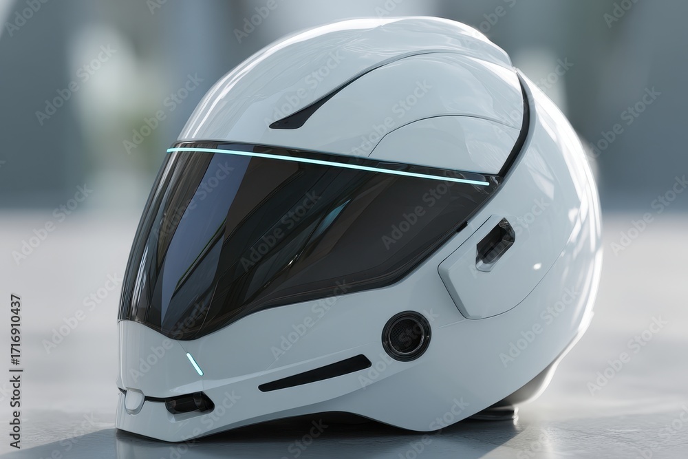Fototapeta premium Futuristic white motorcycle helmet with a sleek design and glowing cyan LED light strips.