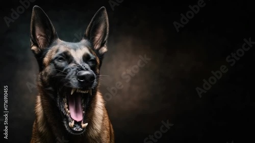 A Belgian Malinois dog, mouth agape, in dramatic lighting