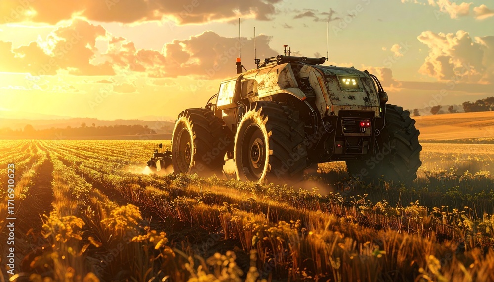 Fototapeta premium A futuristic autonomous tractor working in a vast agricultural field during a golden sunset.