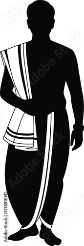 Traditional Indian Man Silhouette Vector – Dhoti and Angavastram Illustration
