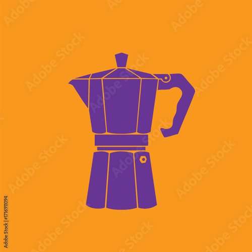 Purple moka pot coffee maker icon on an orange background representing stovetop espresso brewing equipment