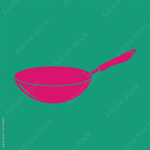 Bright pink frying pan with handle isolated on solid green background kitchen cooking utensil illustration