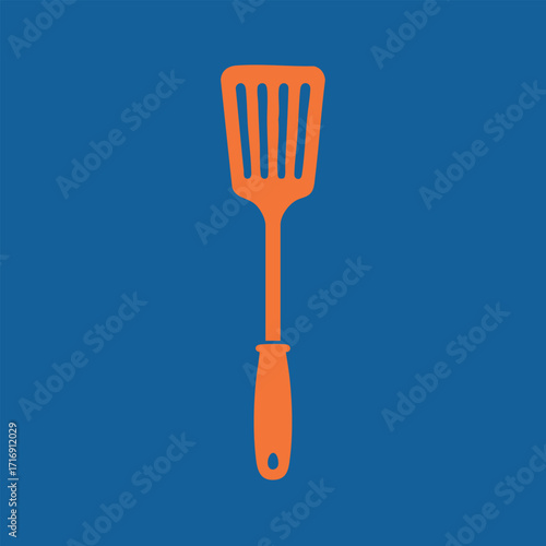Orange kitchen spatula icon with slotted head and ergonomic handle on solid blue background design