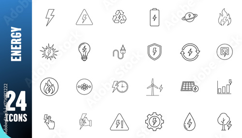 Energy icons set featuring symbols for power, electricity, and sustainability  