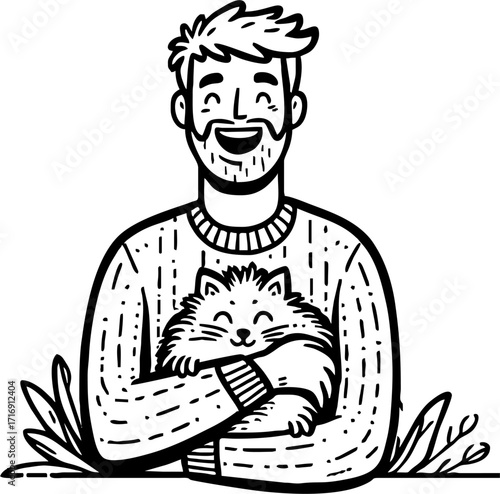 Hand drawn style flat vector design illustration of a happy man with cat on his lap