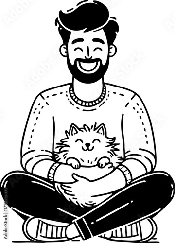 Hand drawn style flat vector design illustration of a happy man with cat on his lap