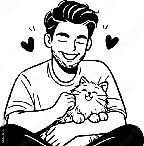 Hand drawn style flat vector design illustration of a happy man with cat on his lap