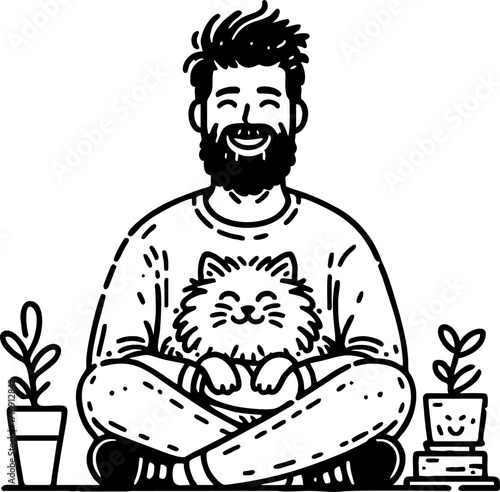 Hand drawn style flat vector design illustration of a happy man with cat on his lap