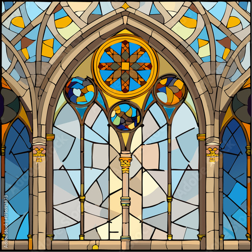 gothic cathedral stained-glass mosaic with flickering grain and glowing shards