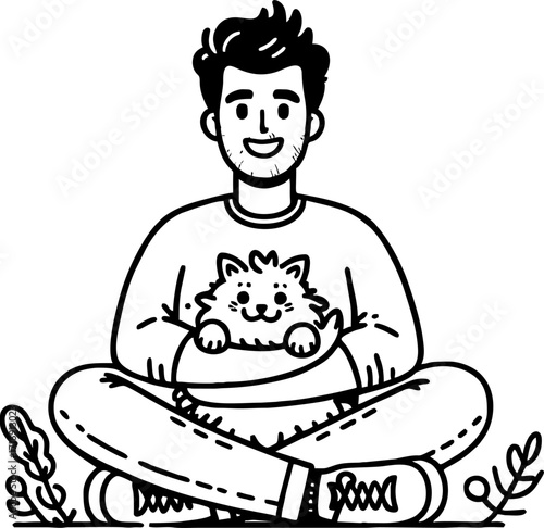 Hand drawn style flat vector design illustration of a happy man with cat on his lap