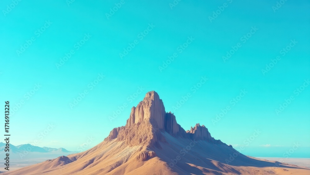 Naklejka premium A dramatic desert landscape features a towering rock formation against a vibrant turquoise sky.