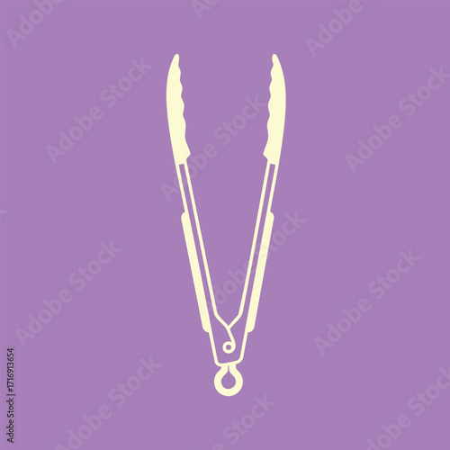 Minimalistic illustration of a kitchen tong utensil with a purple background in simple flat design style