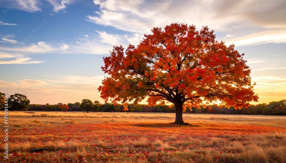 Fototapeta premium Autumn tree in a field at sunset
